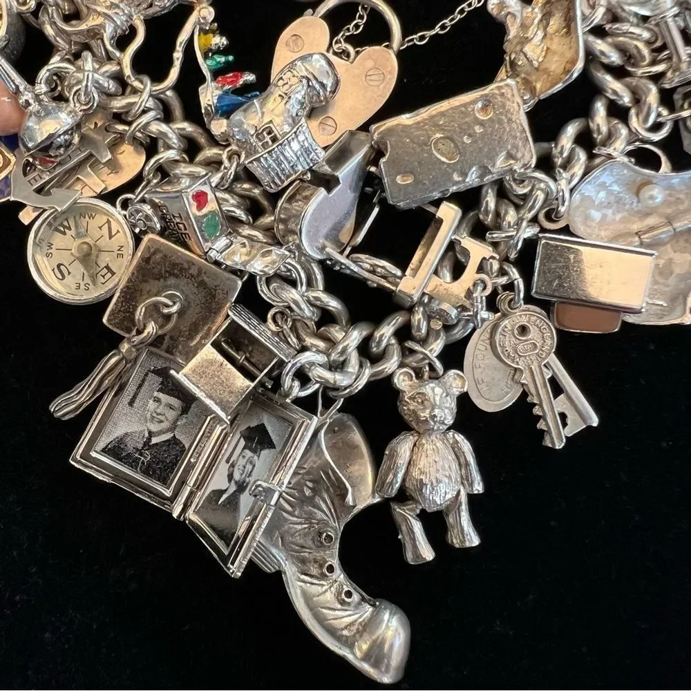 VINTAGE CHARM BRACELET HEART LOCKET TRAVEL 60s 70s STERLING SILVER 925 124G EVC